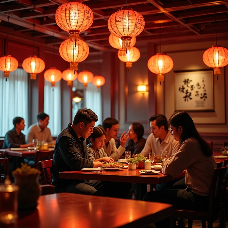 Restaurante Ban Ze Yuan, com decoração tradicional chinesa e ambiente acolhedor.