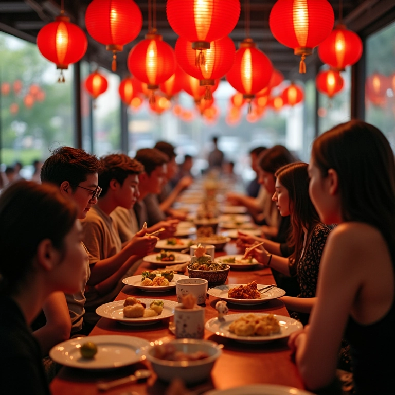 Restaurante chinês movimentado em São Paulo com pessoas diversas saboreando dim sum.