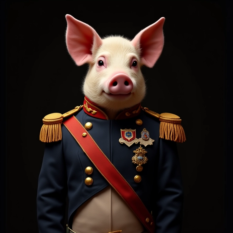 Retrato de Napoleão, o porco ditador, em estilo de pintura a óleo.