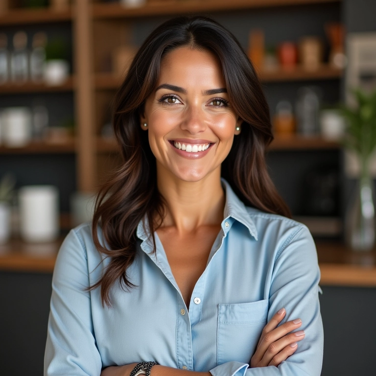 Retrato de uma empreendedora brasileira sorrindo, expressando confiança.
