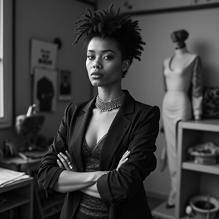 Retrato em preto e branco de um renomado estilista brasileiro em seu estúdio.