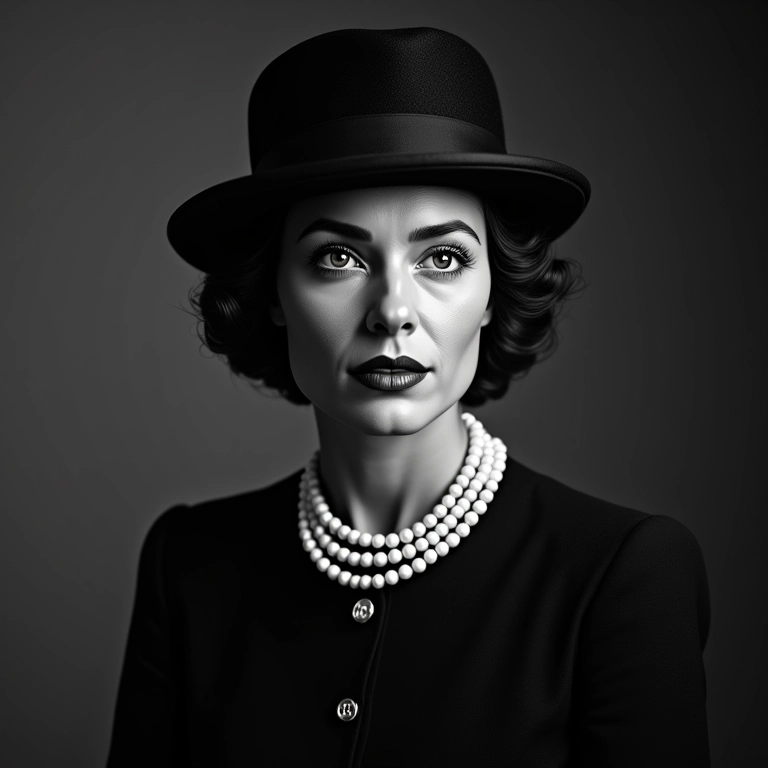 Retrato icônico de Coco Chanel em preto e branco.