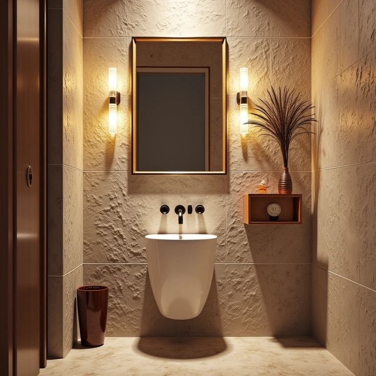 Revestimento texturizado em lavabo moderno com iluminação artística.
