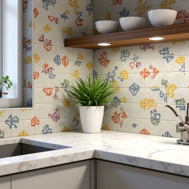 Revestimentos coloridos em cozinha de canto com design brasileiro.