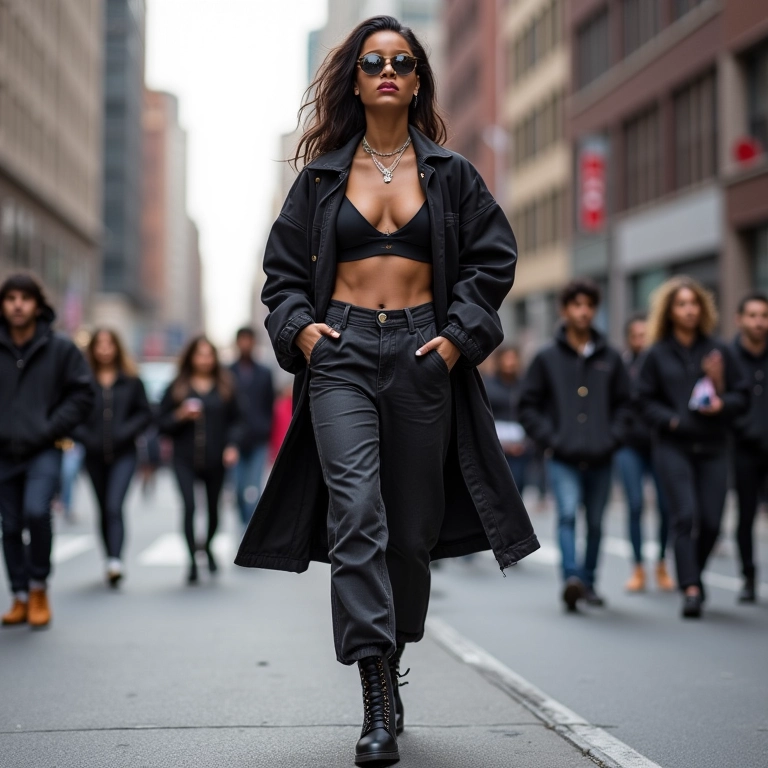 Rihanna caminhando na rua com estilo urbano.