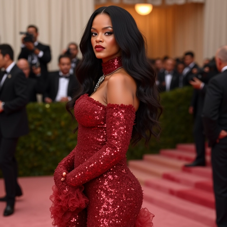 Rihanna no Met Gala 2024, demonstrando ousadia e atitude com um look fashion inovador.