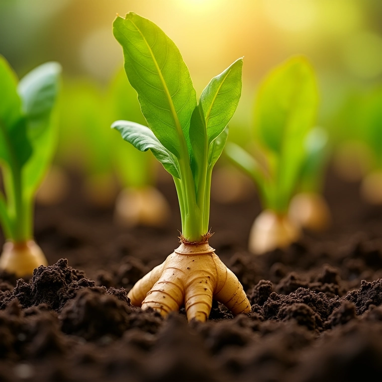 Rizomas de gengibre brotando em solo fértil sob a luz do sol.