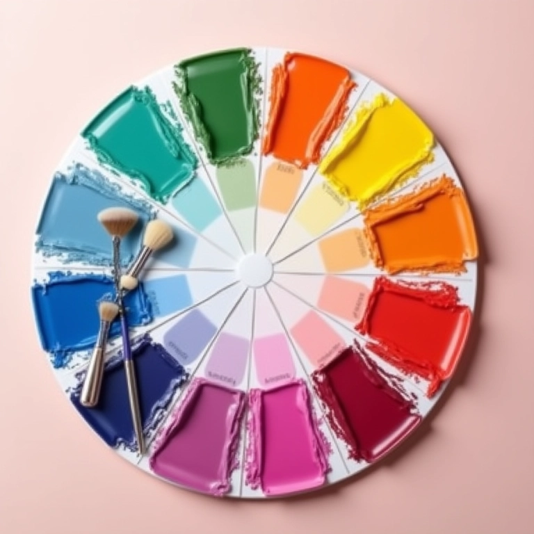 Roda de cores com corretivos coloridos e pincéis de maquiagem, conceito de colorimetria.