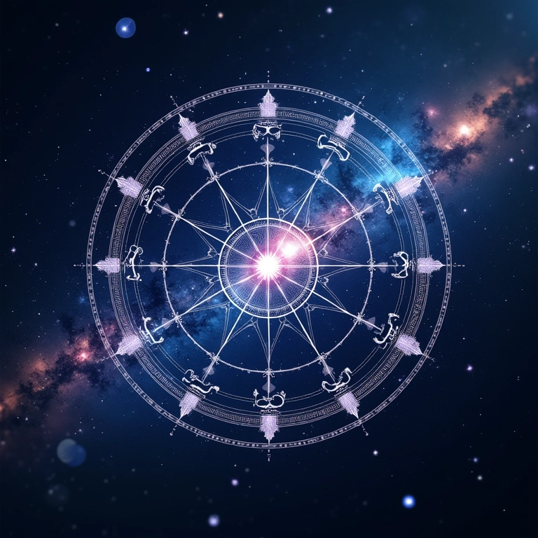 Roda do zodíaco com constelações vibrantes e fundo cósmico místico.