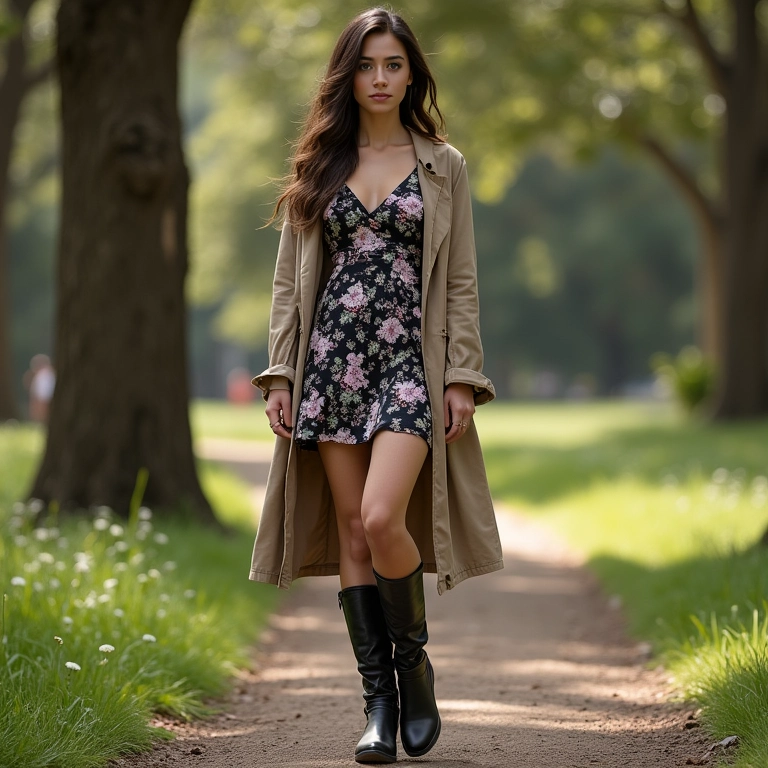 Romance moderno: vestido floral, bota e trench coat.