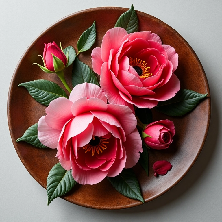 Rosas clássicas em pintura Bauernmalerei sobre prato de madeira.
