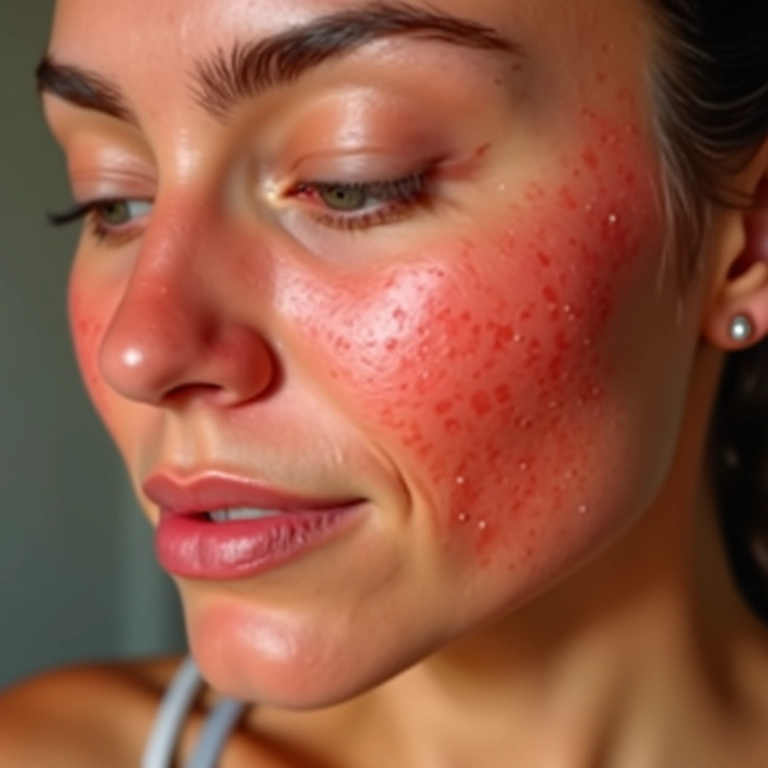 Rosto de mulher com leve vermelhidão após peeling químico suave.