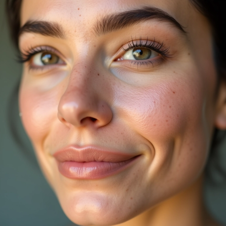 Rosto de mulher com pele radiante após microagulhamento facial.
