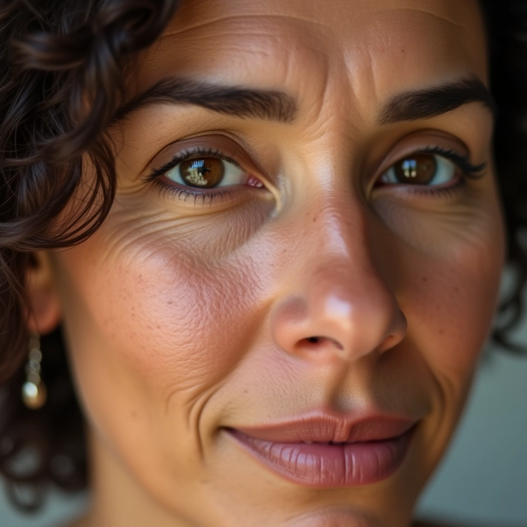 Rosto de mulher madura com rugas finas, mostrando a textura da pele e a promessa de redução das linhas de expressão.