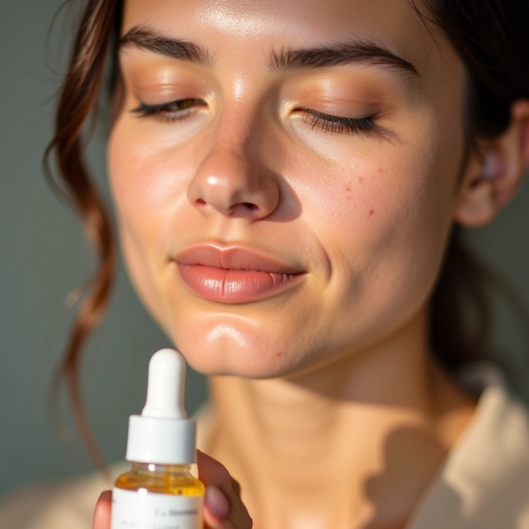 Rosto feminino com poros minimizados após uso de sérum facial.
