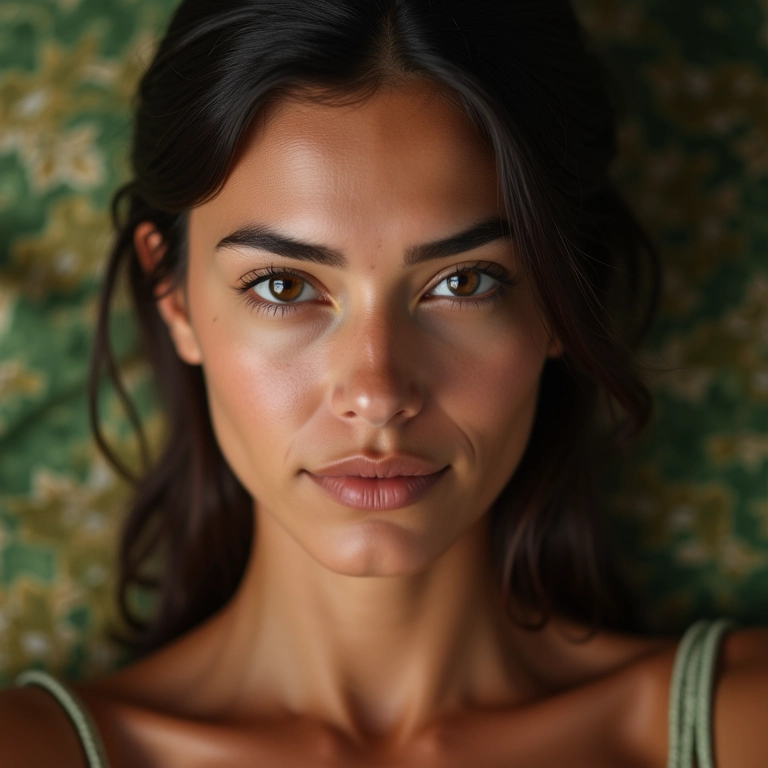 Rosto longo com sobrancelhas horizontais para diminuir o comprimento.