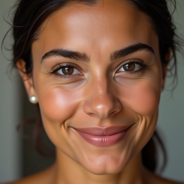 Rosto quadrado com sobrancelhas arredondadas que suavizam os traços.