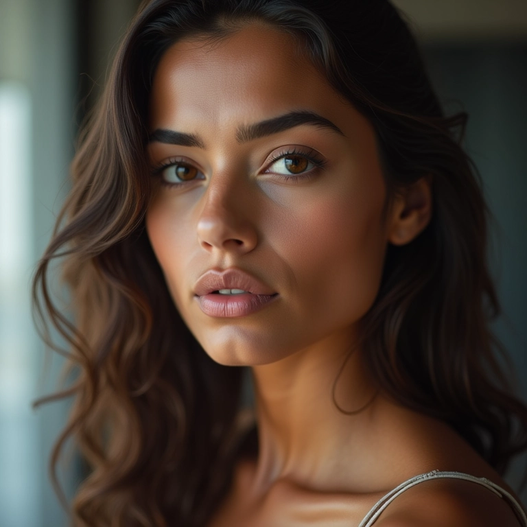 Rosto redondo com sobrancelhas angulares para afinar e definir os traços.