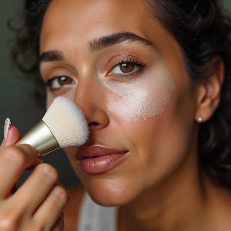 Rosto sendo selado com pó translúcido.