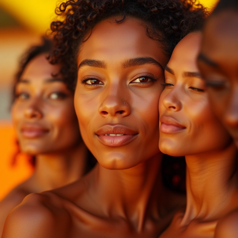 Rostos diversos com pele radiante, mostrando séruns de vitamina C.