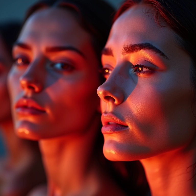 Rostos diversos sob luzes de LED para tratamento de pele.