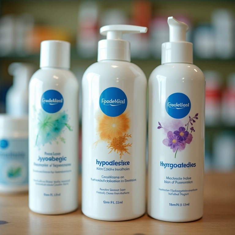 Rótulos de produtos hipoalergênicos e não comedogênicos.