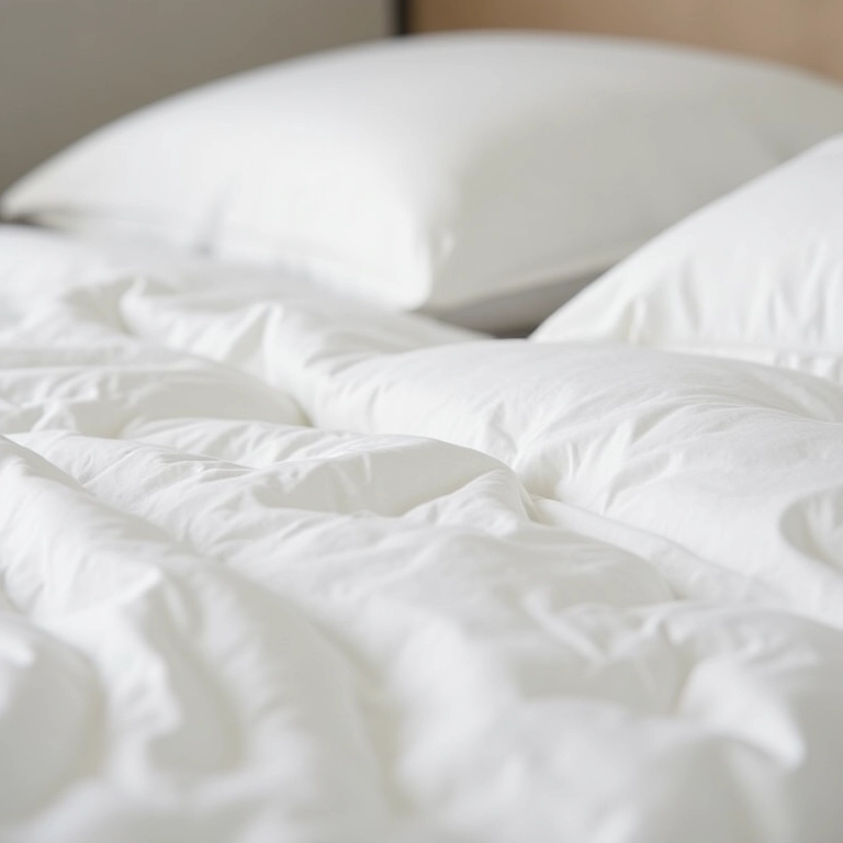 Roupa de cama em algodão egípcio da Karsten em um quarto neutro.