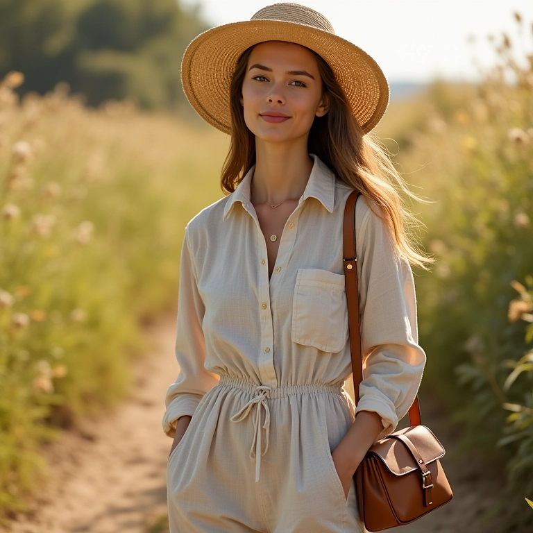 Roupa de linho com chapéu de palha e bolsa de couro.