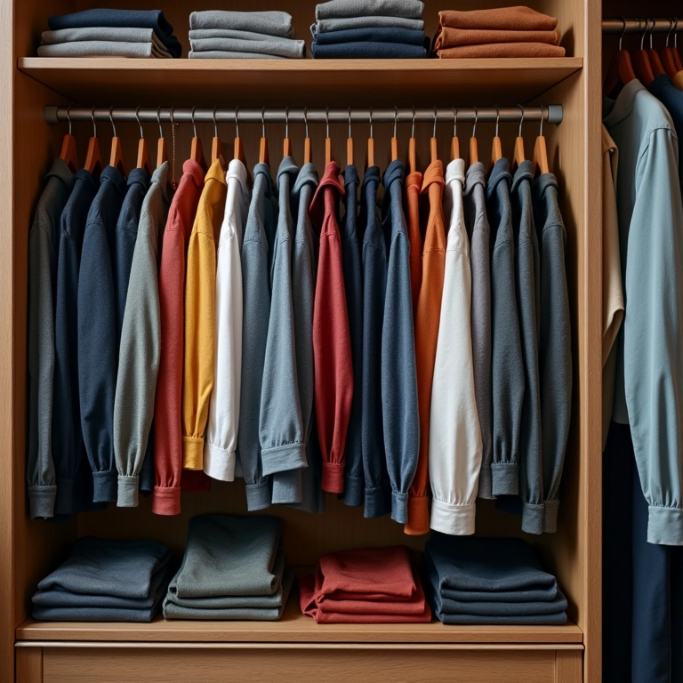 Roupas categorizadas por cor e tipo em um guarda-roupa organizado.