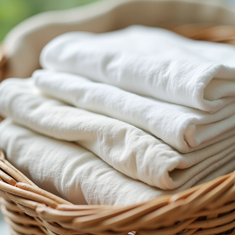 Roupas de bebê de algodão orgânico dobradas em cesto de vime.