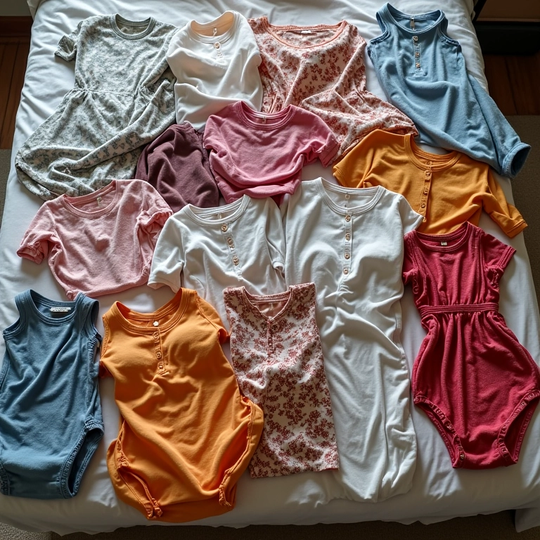 Roupas de estilos variados misturadas em uma cama, com cores vibrantes e texturas diversas.