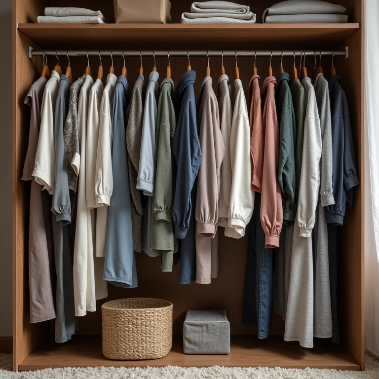 Roupas organizadas por frequência de uso no guarda-roupa.