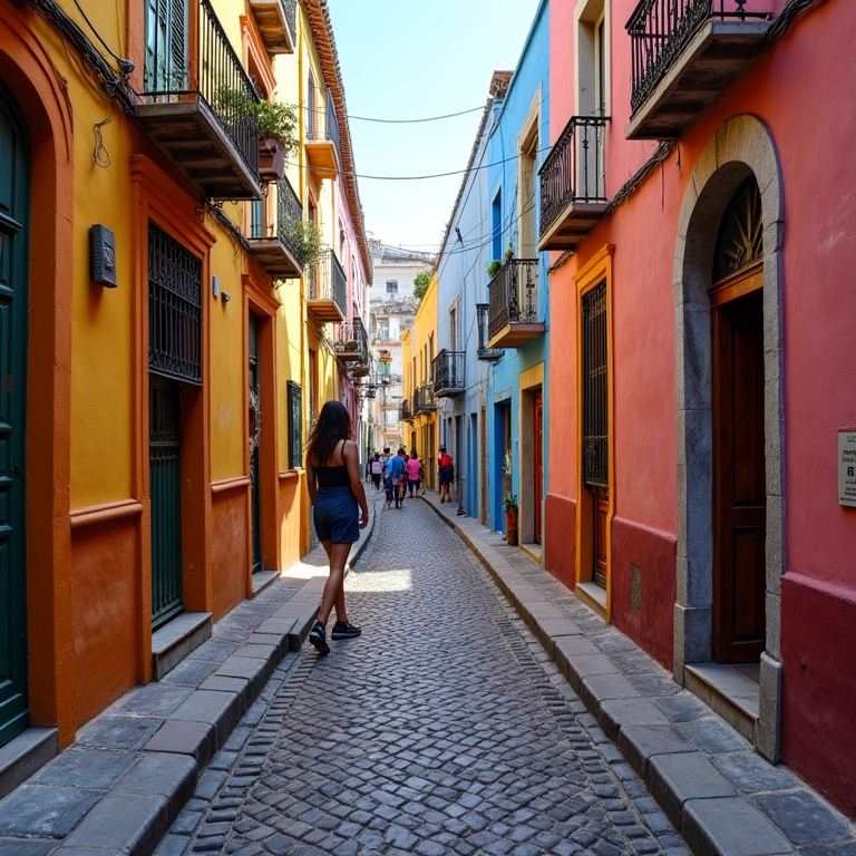 Rua Caminito, em La Boca, com arquitetura colorida e turista fotografando.