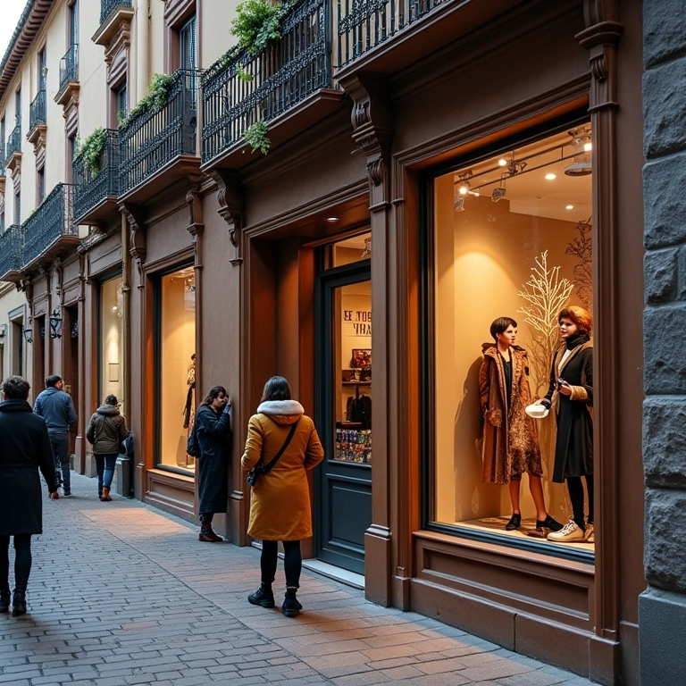 Rua charmosa em Gramado, com arquitetura europeia e detalhes brasileiros, ideal para compras de inverno.