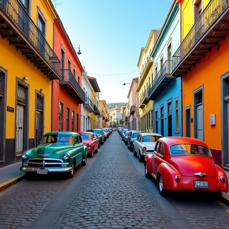 Rua colorida em Colonia del Sacramento com carros antigos, mostrando o charme da cidade.