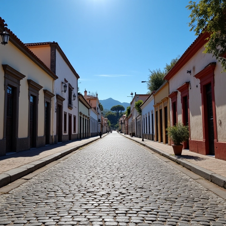 Rua de paralelepípedos em Colonia del Sacramento com edifícios coloniais, representando uma viagem no tempo.