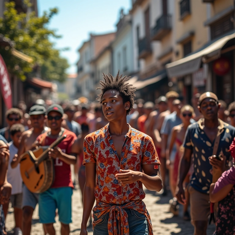 Rua vibrante em Salvador com música axé e pessoas diversas.
