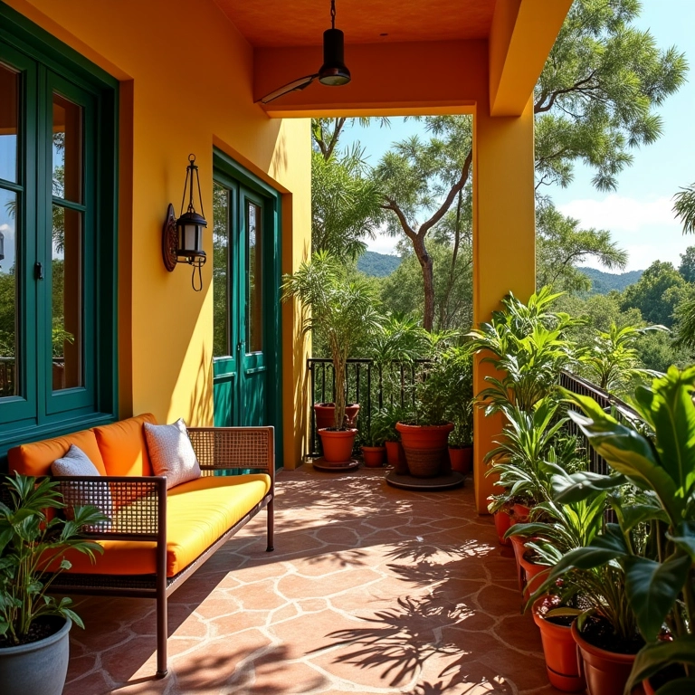 Sacada aconchegante com decoração brasileira vibrante e plantas.