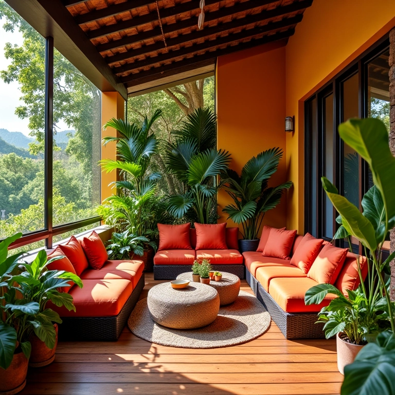 Sacada aconchegante decorada em estilo brasileiro com plantas e móveis confortáveis.