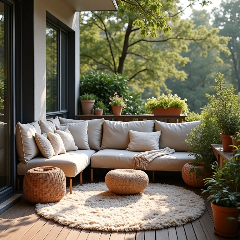 Sacada com área de estar confortável com almofadas macias e tapete aconchegante.