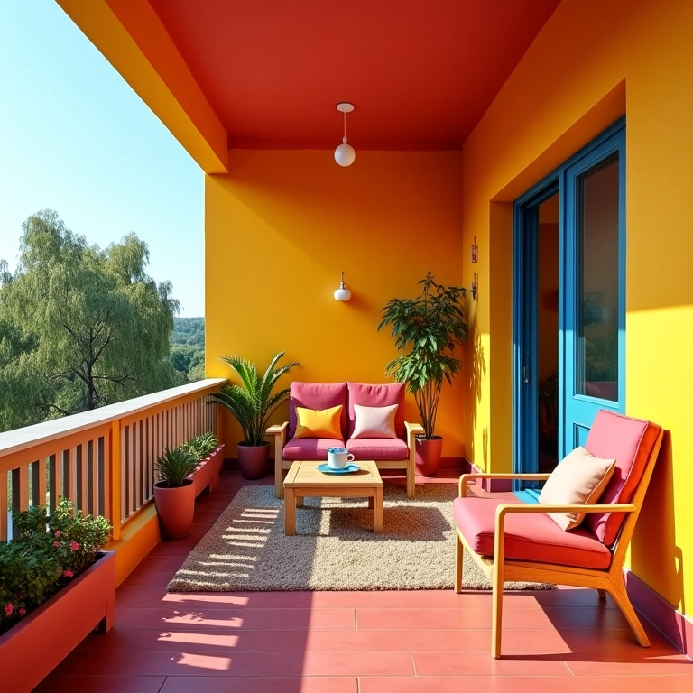 Sacada com paredes e móveis coloridos, criando um ambiente alegre e vibrante.