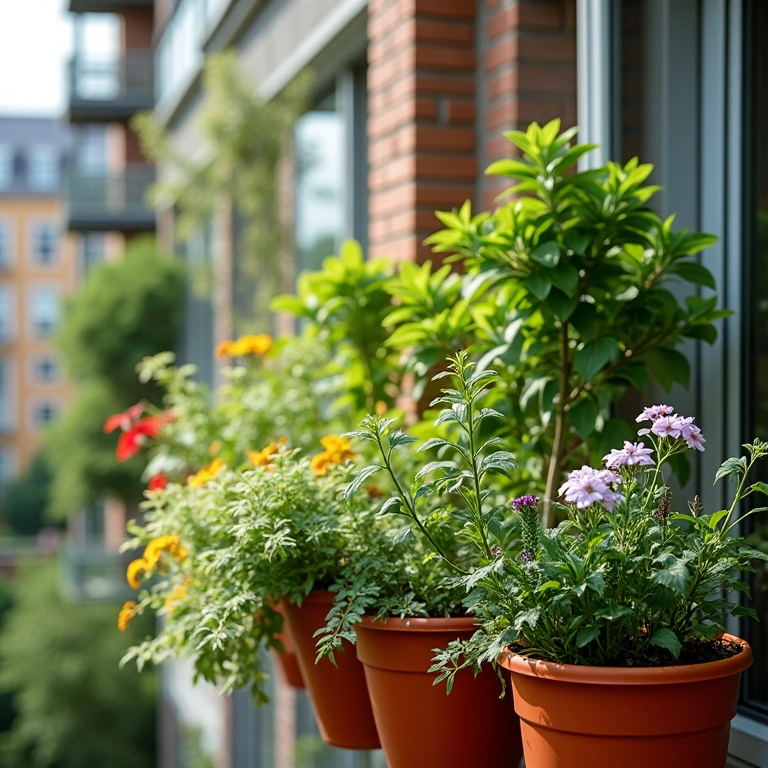 Sacada de apartamento com vasos autoirrigáveis e cestos suspensos, com diversas plantas.