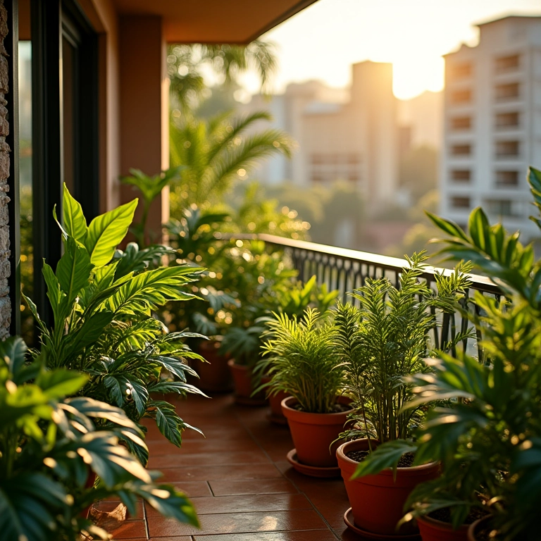 Sacada de apartamento ensolarada com vasos de plantas, criando um oásis urbano vibrante.