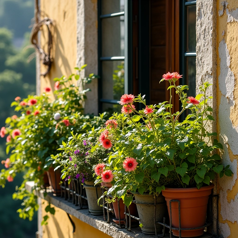 Sacada decorada com diversas plantas e flores.