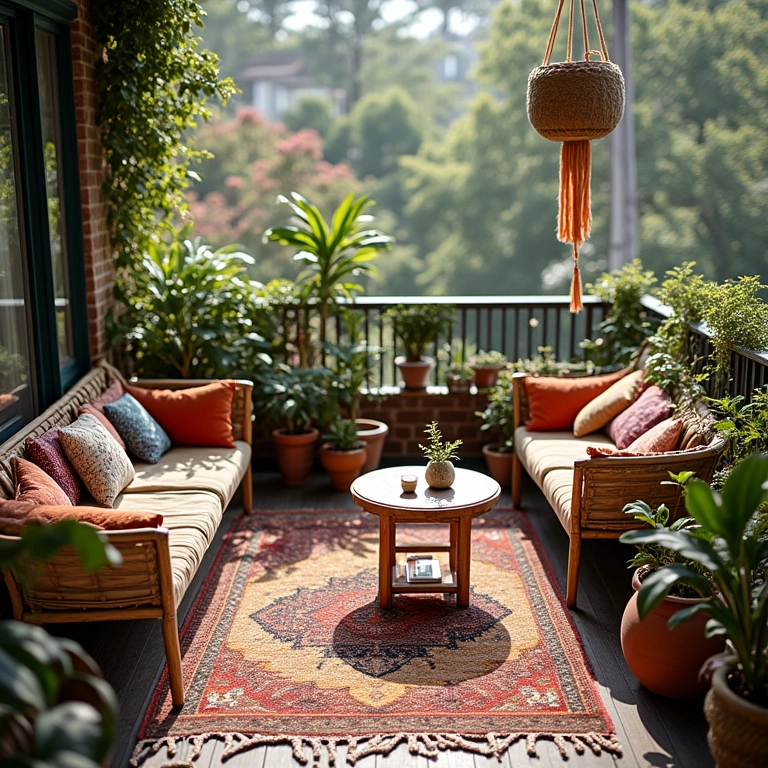 Sacada decorada com estilo boêmio, cores vibrantes e móveis de madeira.