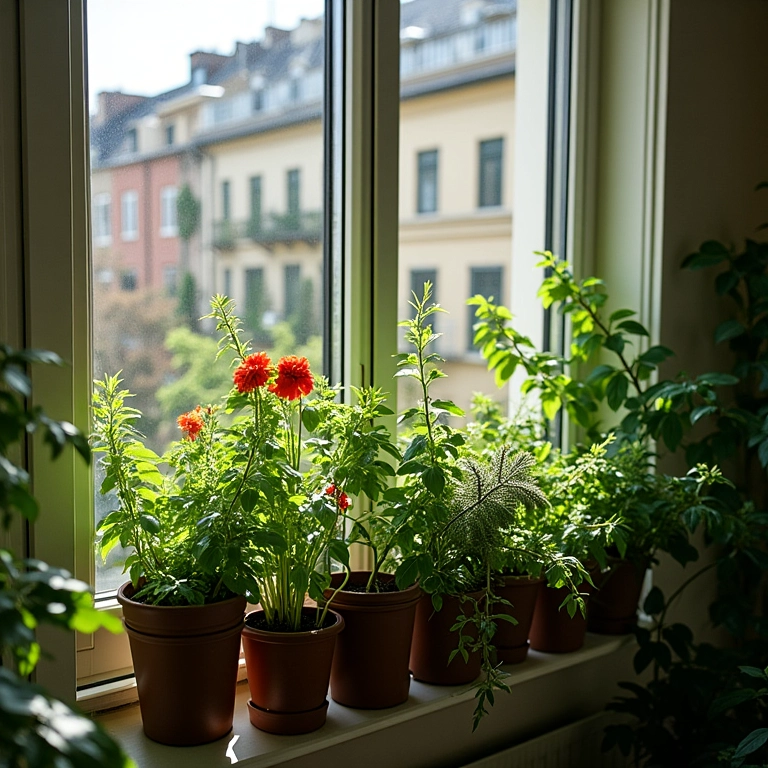 Sacada repleta de plantas, flores e ervas, criando um oásis verde.