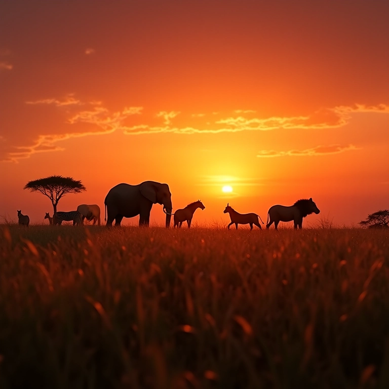 Safári na África do Sul ao pôr do sol com elefantes, leões e zebras.
