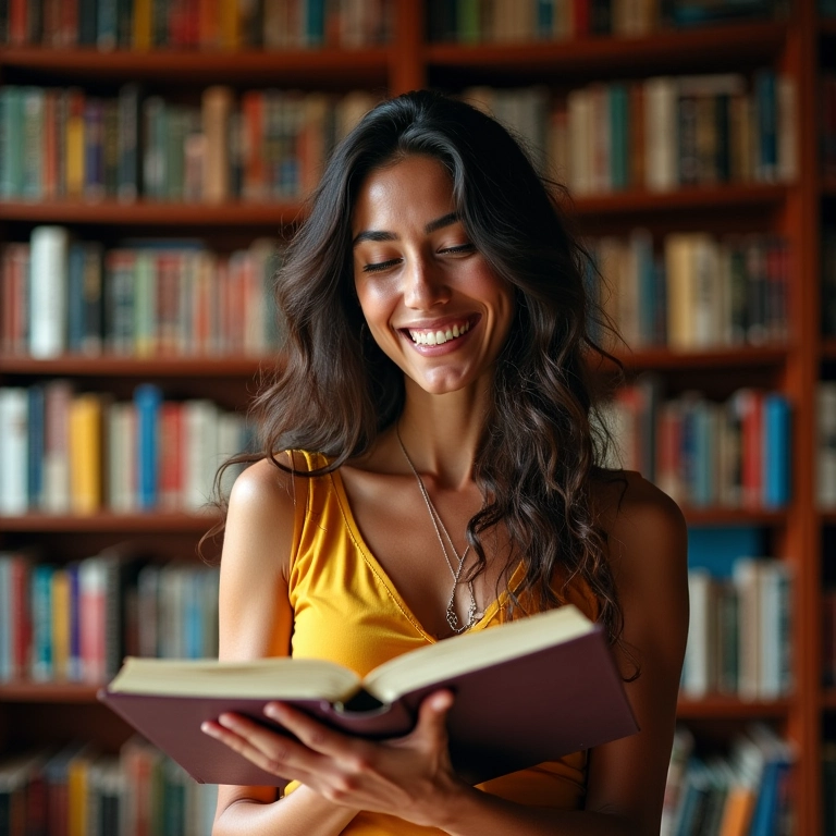 Sagitariana estudando em biblioteca, representando a busca por conhecimento.