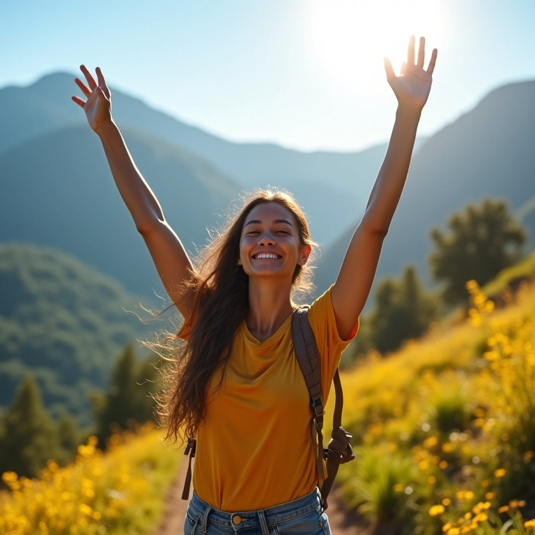 Sagitariana no topo da montanha, simbolizando otimismo inabalável.