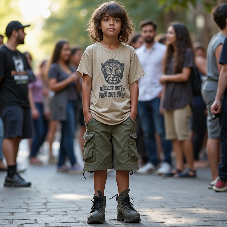 Saia cargo com camiseta estampada e coturno, grupo de amigos em estilo urbano.